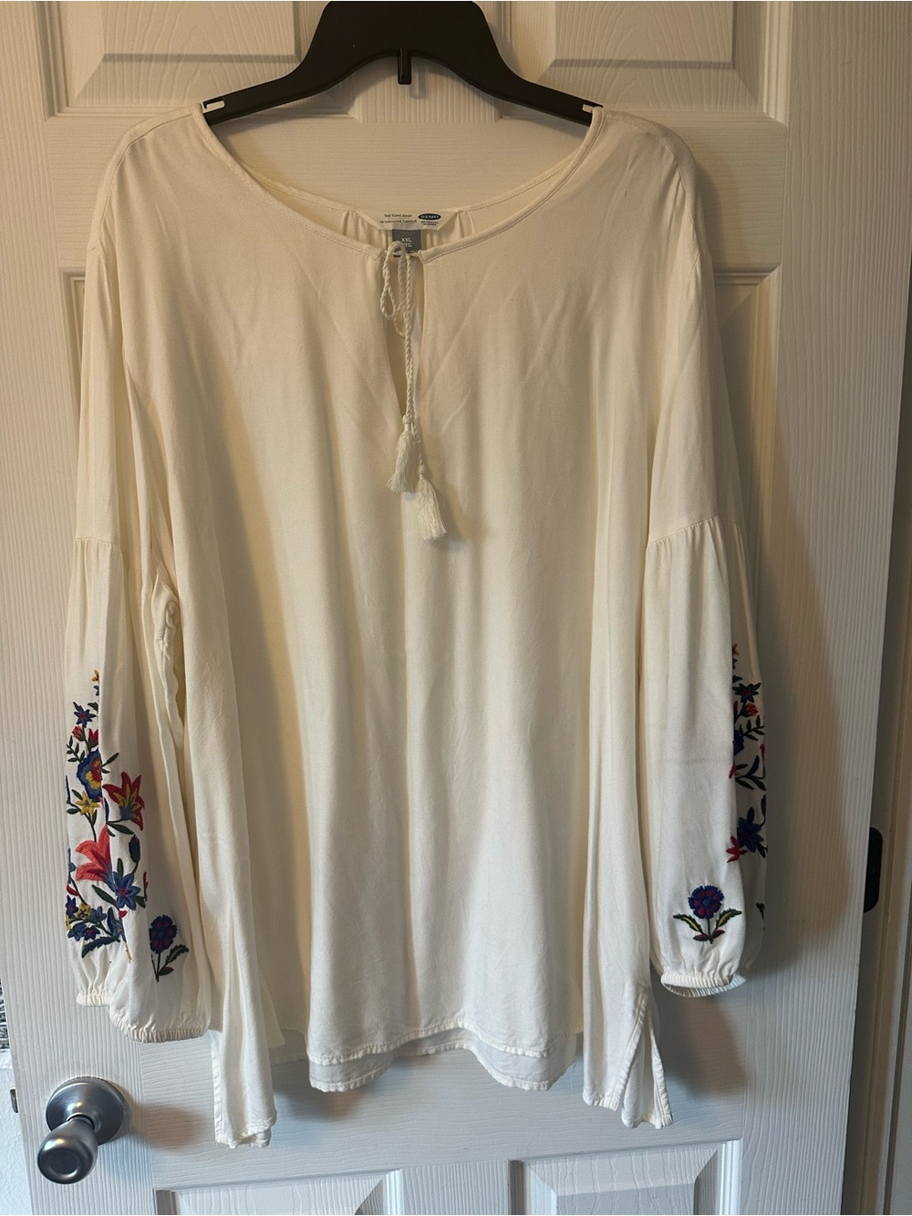Old Navy Cream Peasant Tunic with Multicolor Floral Sleeve Embroidery